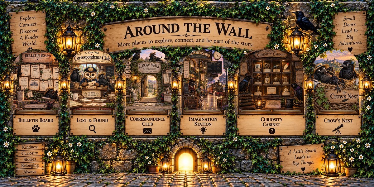 Around the Wall at Crow Wall Collections with Bulletin Board, Lost and Found, Correspondence Club, Imagination Station, Curiosity Cabinet, and Crow's Nest