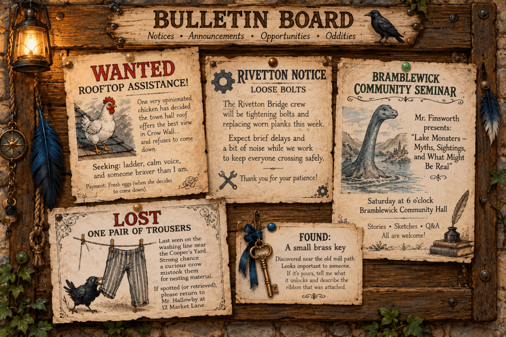 Crow Wall pinned notices and lost-and-found announcements