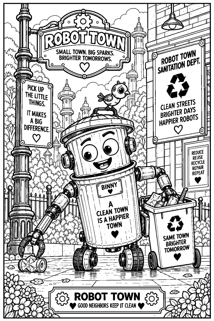 Binny the recycling robot cleaning Rivetton in a black-and-white coloring scene