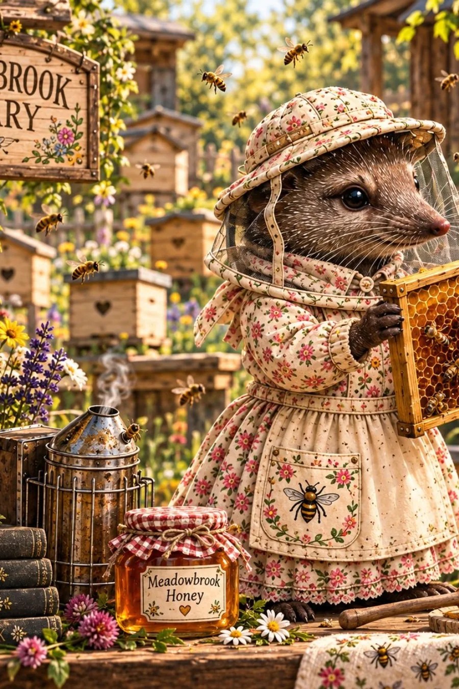 Blarina Harridan, Bramblewick’s shrew beekeeper at Meadowbrook Apiary