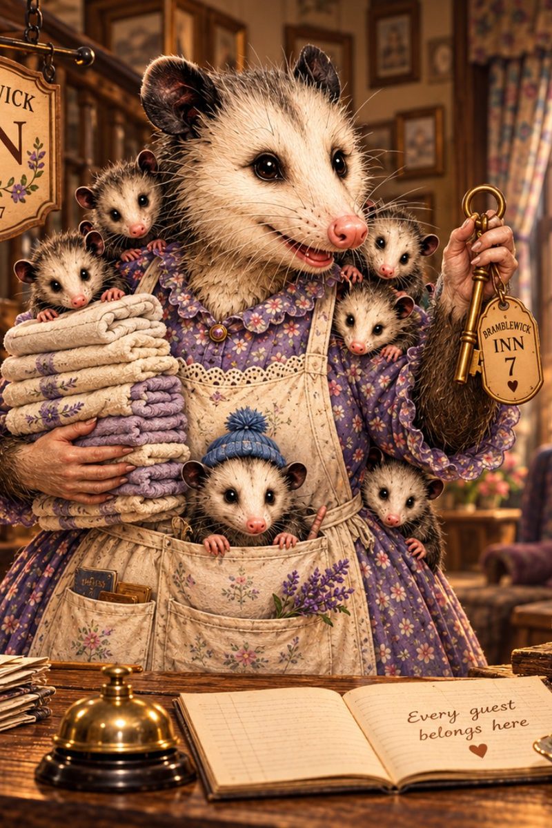 Mrs. Jillian Dingleberry, the opossum innkeeper of Bramblewick, with her babies