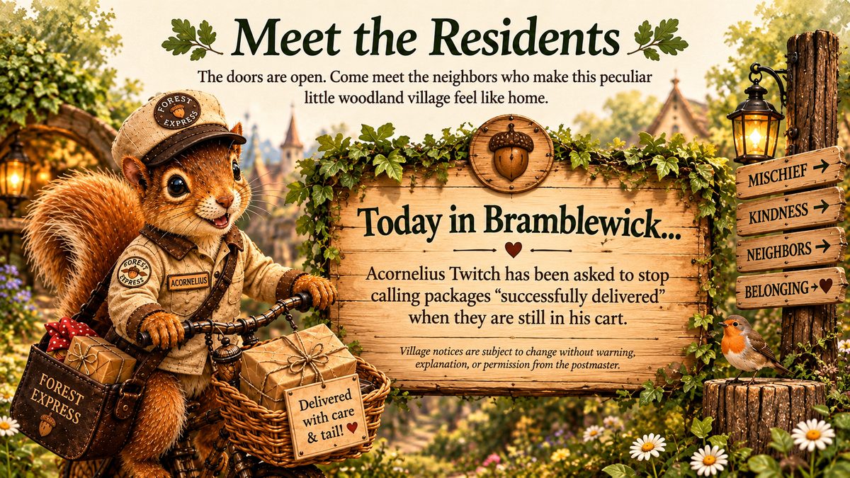 Meet the Residents of Bramblewick with Acornelius Twitch and the Today in Bramblewick village notice