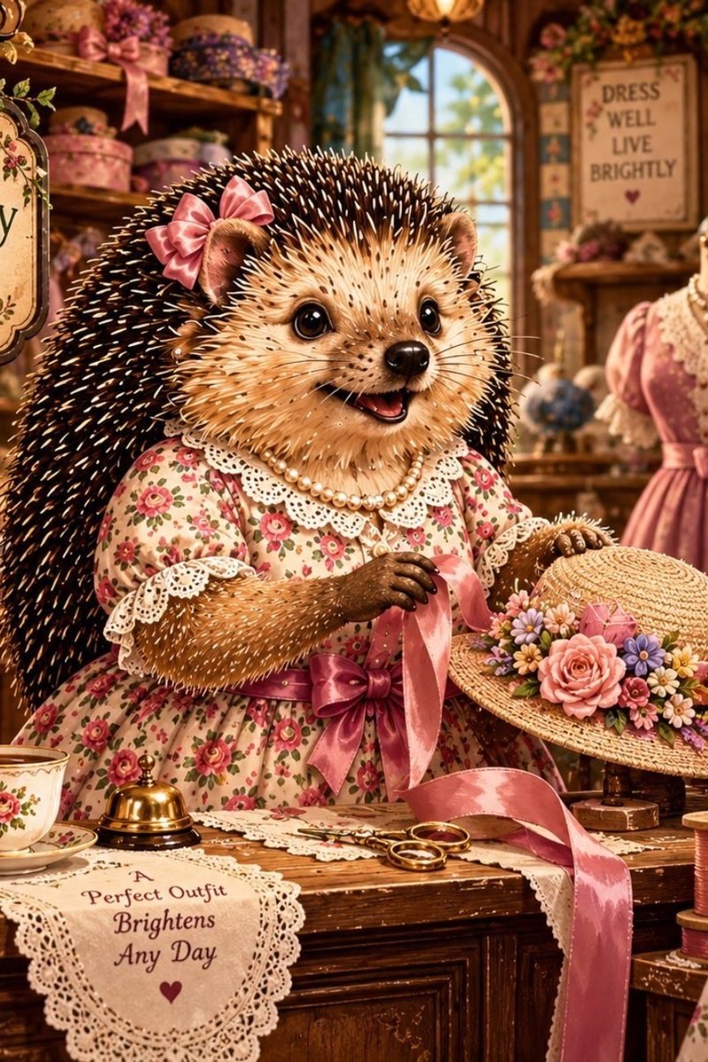 Mrs. Erina Pinnington, proprietress of The Prickly Pinny Dress Shoppe in Bramblewick