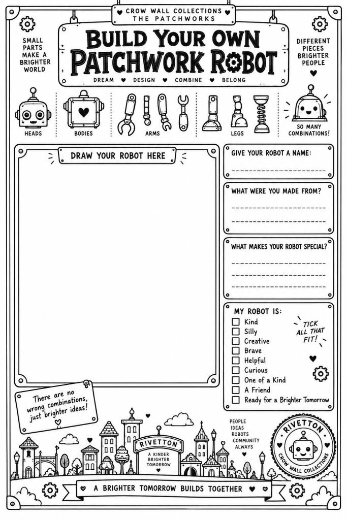 Build Your Own Patchwork Robot printable activity page from Rivetton