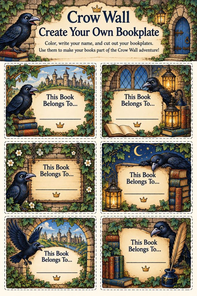 Muted Crow Wall bookplate printable with six This Book Belongs To labels in stone, ivy green, deep navy, warm gold and parchment tones.