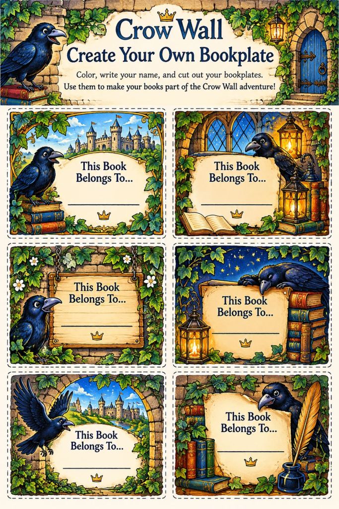 Colorful Crow Wall bookplate printable with six This Book Belongs To labels featuring crows, books, ivy, lanterns and castle scenes.
