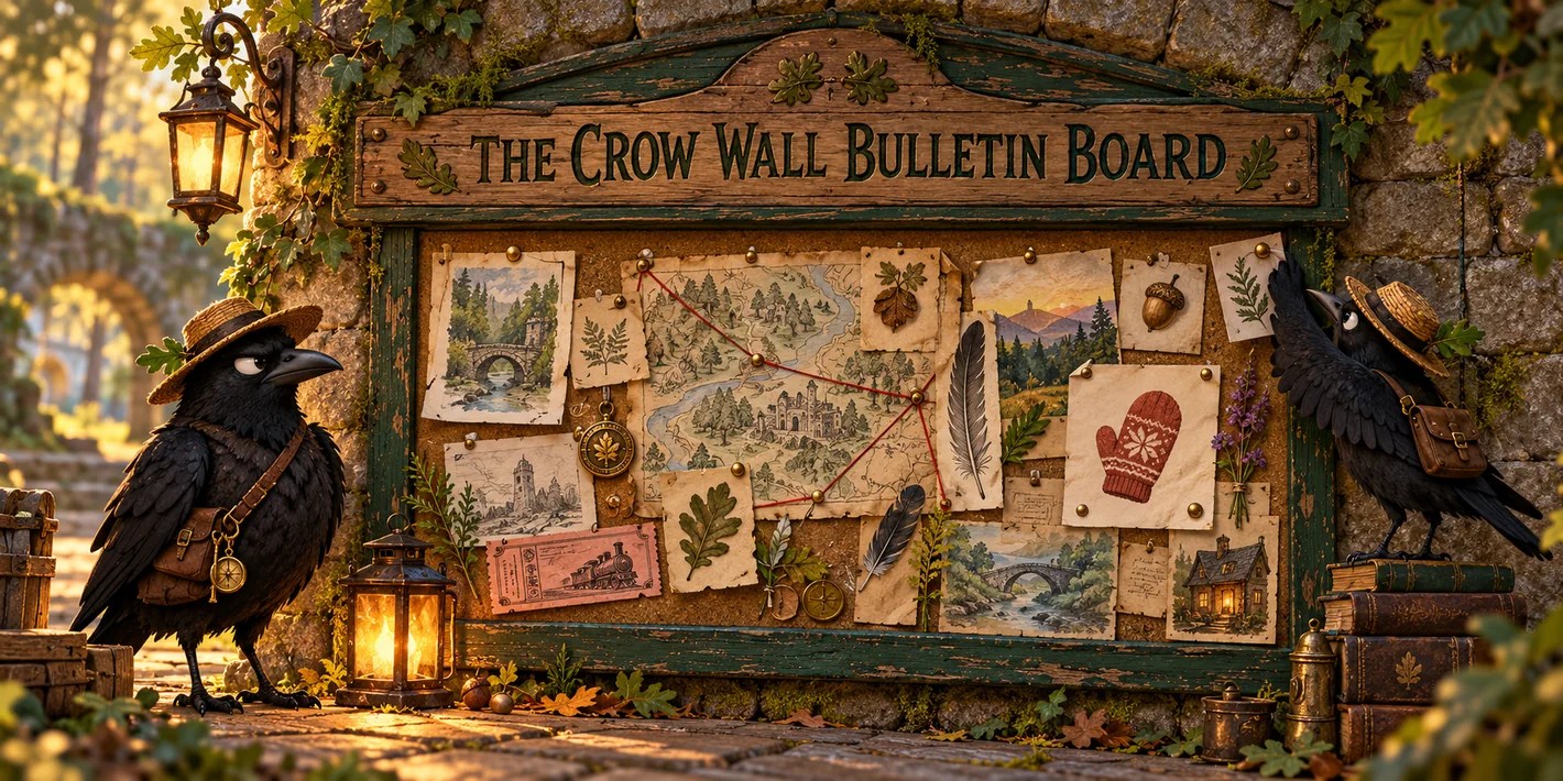 Two straw-hatted crows tend a lantern-lit bulletin board of sketches, maps, clues, and a missing mitten beneath The Crow Wall Bulletin Board sign.