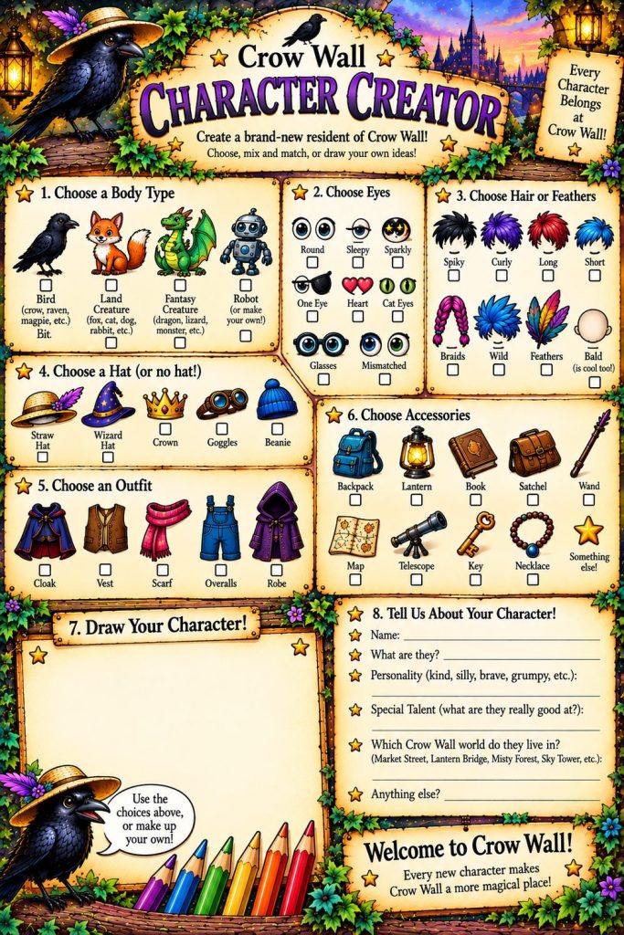 Colorful Crow Wall Character Creator printable for designing a new character with body, eyes, hair, hats, outfits, accessories and character details.