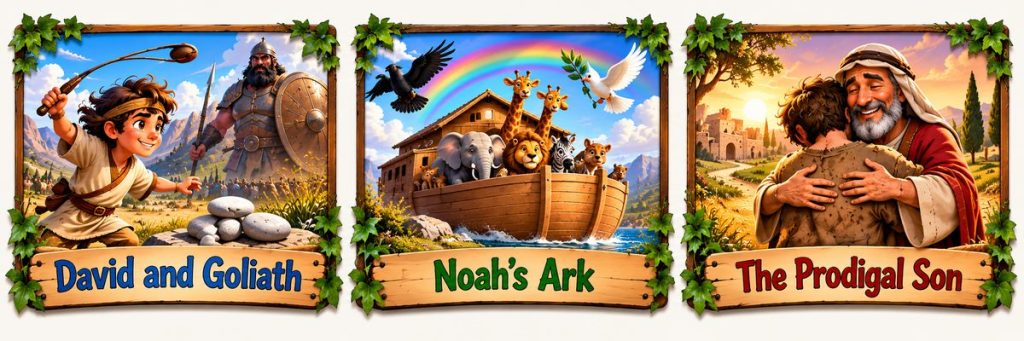 Choose a Bible lesson: David and Goliath, Noah's Ark, or The Prodigal Son