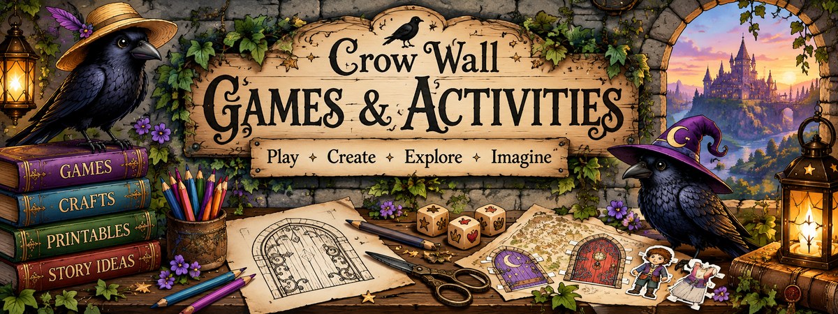 Crow Wall Games and Activities header with crows, craft supplies, games, printables and story ideas.