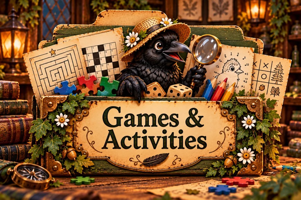 Crow Wall Games and Activities folder with a straw-hatted crow, puzzles, dice and a magnifying glass.