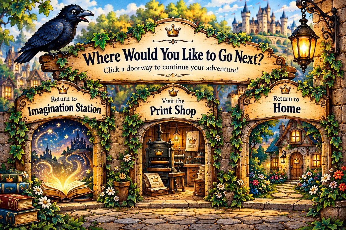 Crow Wall exit navigation to Imagination Station, Print Shop, and Home.
