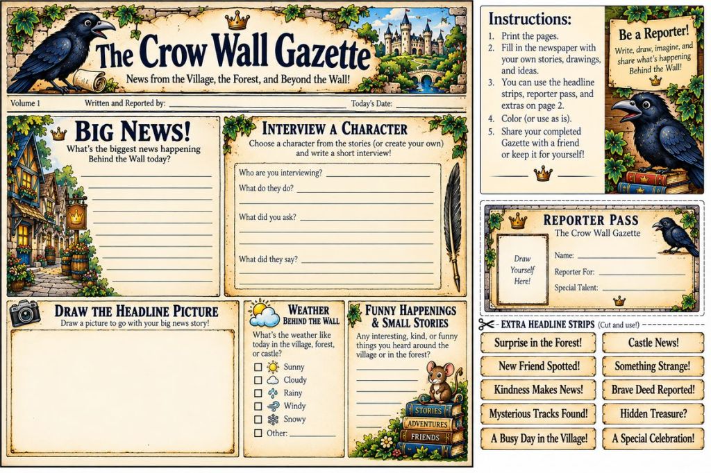 The Crow Wall Gazette printable newspaper activity with news writing, character interview, headline drawing, weather, reporter pass and headline strips.