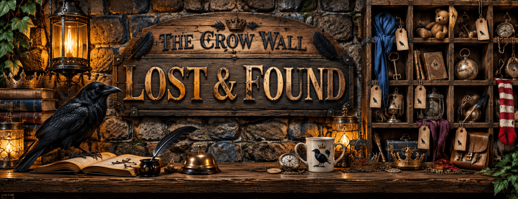 The Crow Wall Lost and Found claims desk, with a crow, lanterns, tagged cubbies, and an assortment of mysterious misplaced belongings.