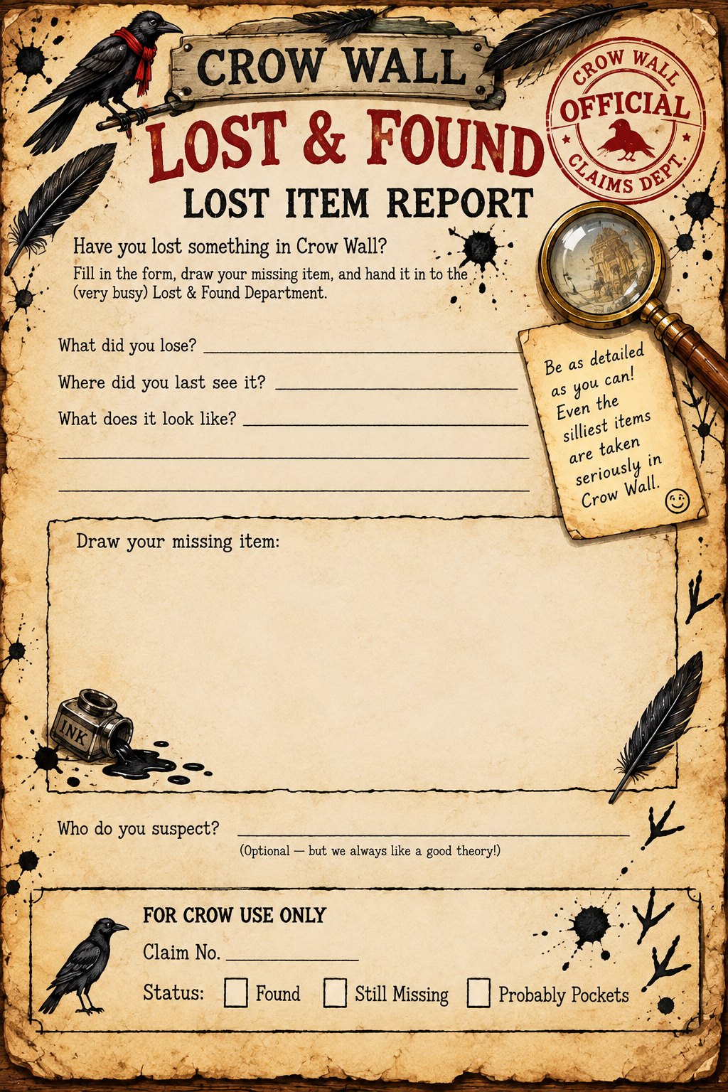 Crow Wall Lost and Found Lost Item Report printable activity sheet
