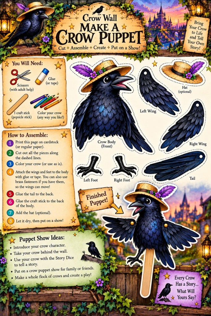 Colorful Make a Crow Puppet printable with cut-out crow body, wings, feet, tail, hat and assembly instructions.