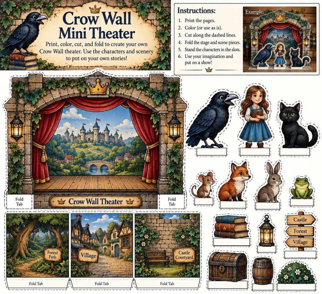 Crow Wall Mini Theater printable craft with a foldable storybook stage, scenery, characters and props.