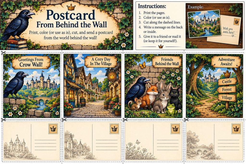 Postcard From Behind the Wall printable with four illustrated Crow Wall postcards and matching message backs.