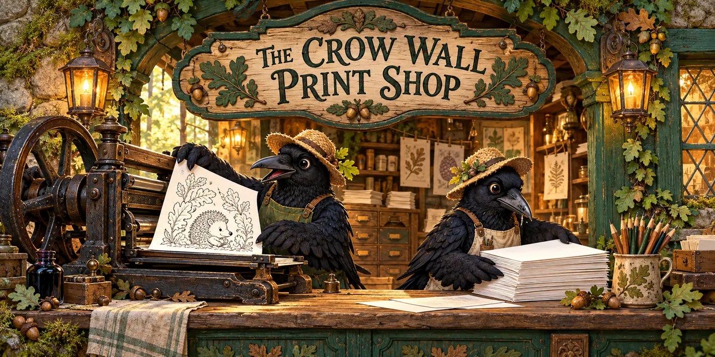 Two straw-hatted crows operate an old print shop built into the Crow Wall, beneath a sign reading The Crow Wall Print Shop.