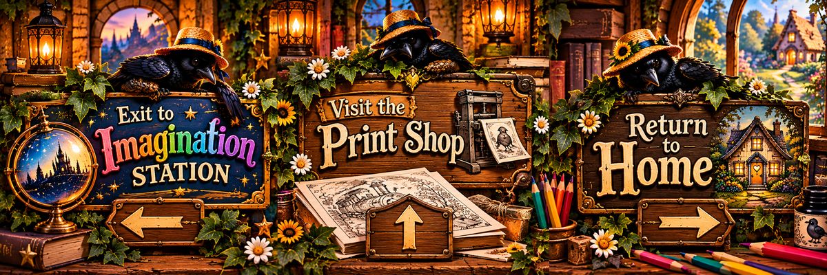 Crow Wall navigation to Imagination Station, Print Shop, and Home.