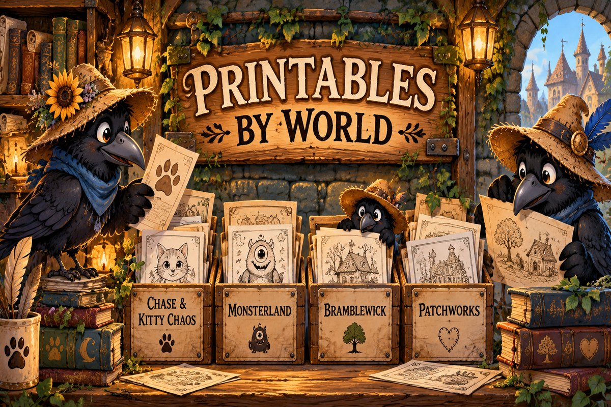 Printables by World Crow Wall archive with straw-hatted crows sorting printable pages by world