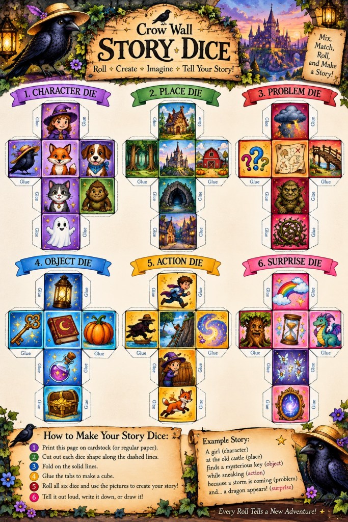 Colorful Crow Wall Story Dice printable with six cut-and-fold dice for characters, places, problems, objects, actions and surprises.