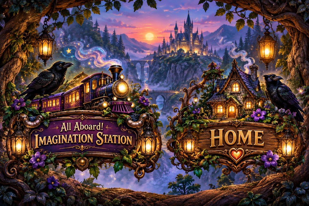 Crow Wall navigation with the Wallflower Express to Imagination Station and a cottage leading Home