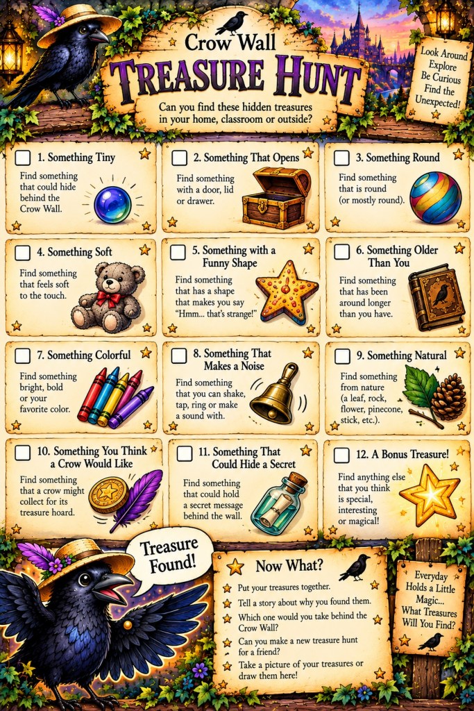 Colorful Crow Wall Treasure Hunt printable with twelve indoor, classroom, or outdoor scavenger-hunt challenges.