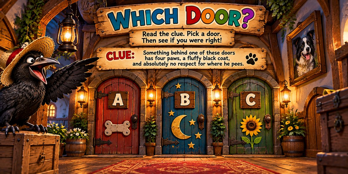 Which Door? Crow Wall game with doors A, B, and C