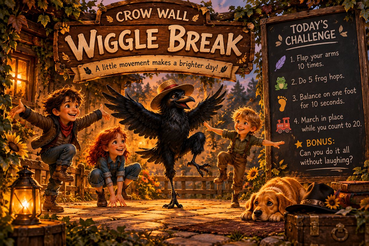 Crow Wall Wiggle Break movement challenge with children following a straw-hatted crow