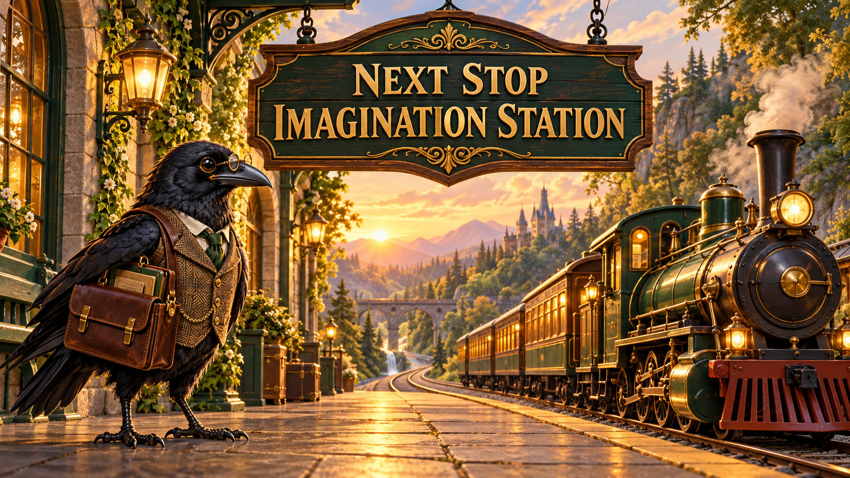Next stop: Imagination Station. Professor Crow waits beside the Wallflower Express train.