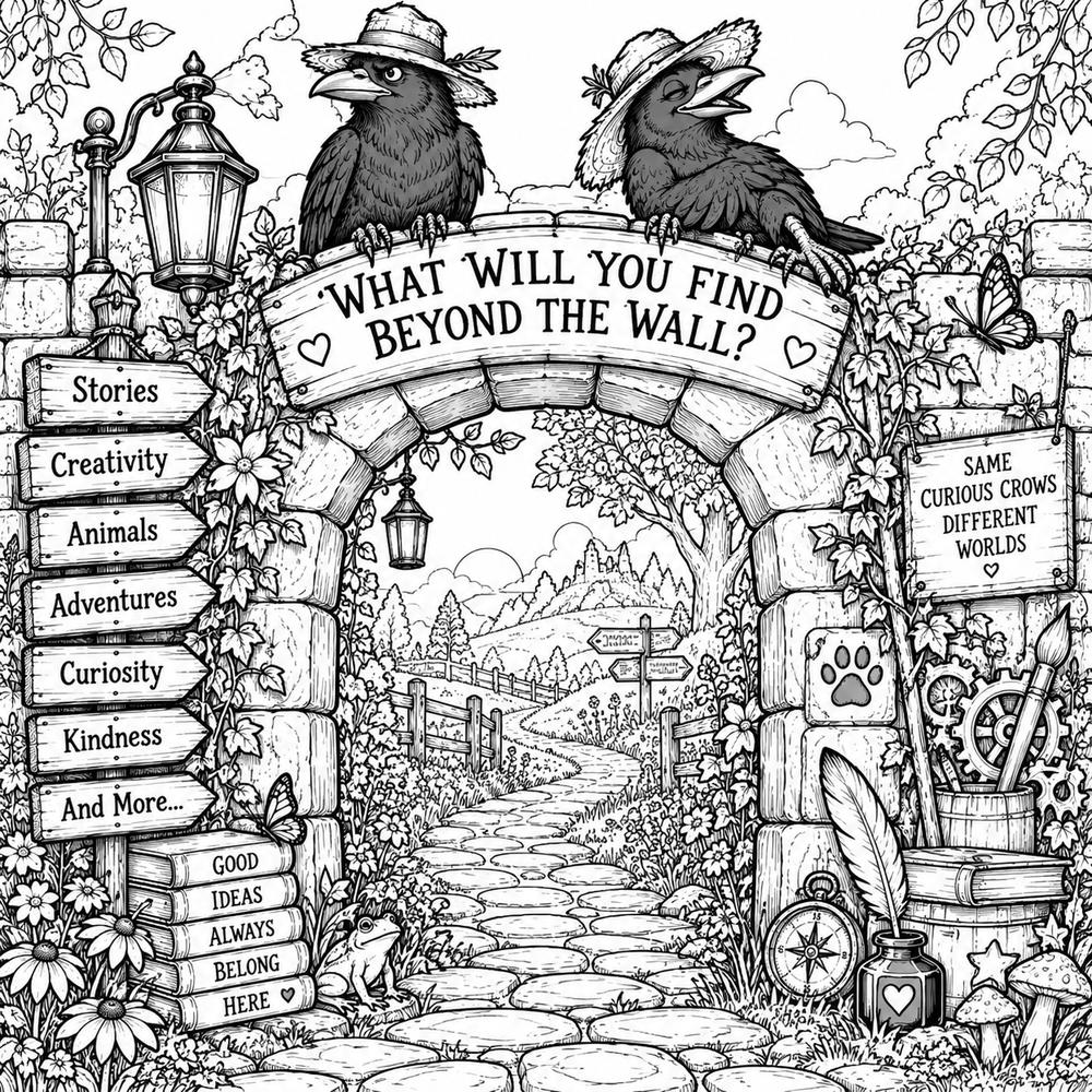 Crow Wall stone archway with two crows and a winding path coloring page