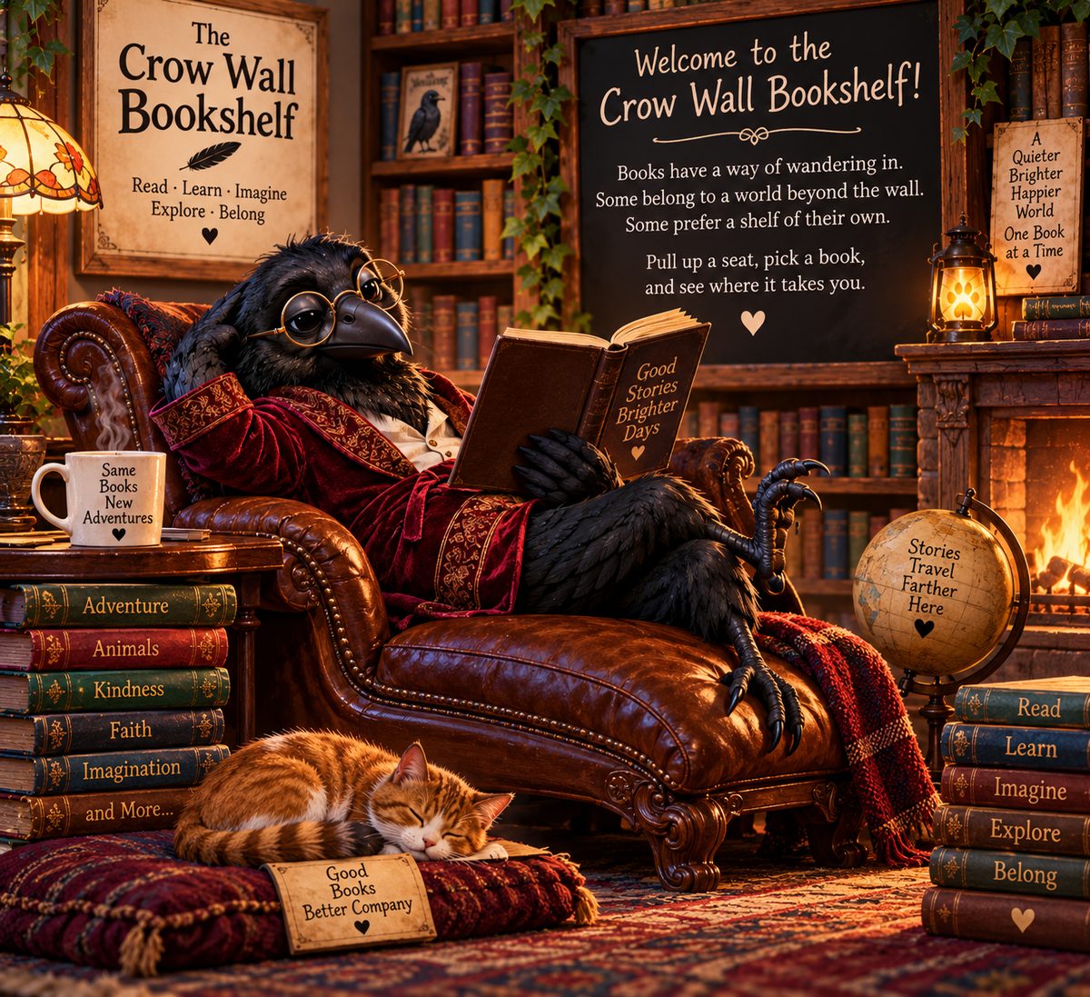A relaxed crow in a smoking jacket reading in the cozy Crow Wall Bookshelf library