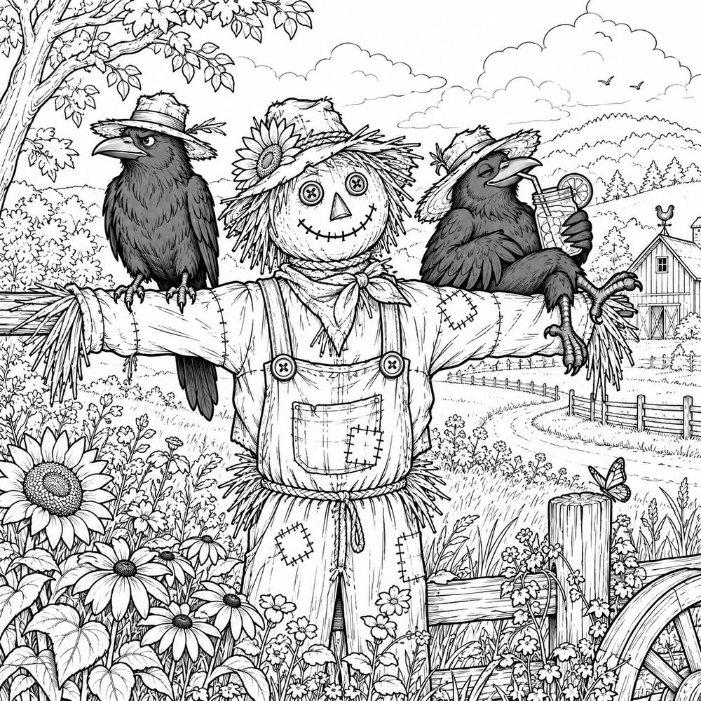 Two Crow Wall crows resting on a scarecrow in a country scene coloring page