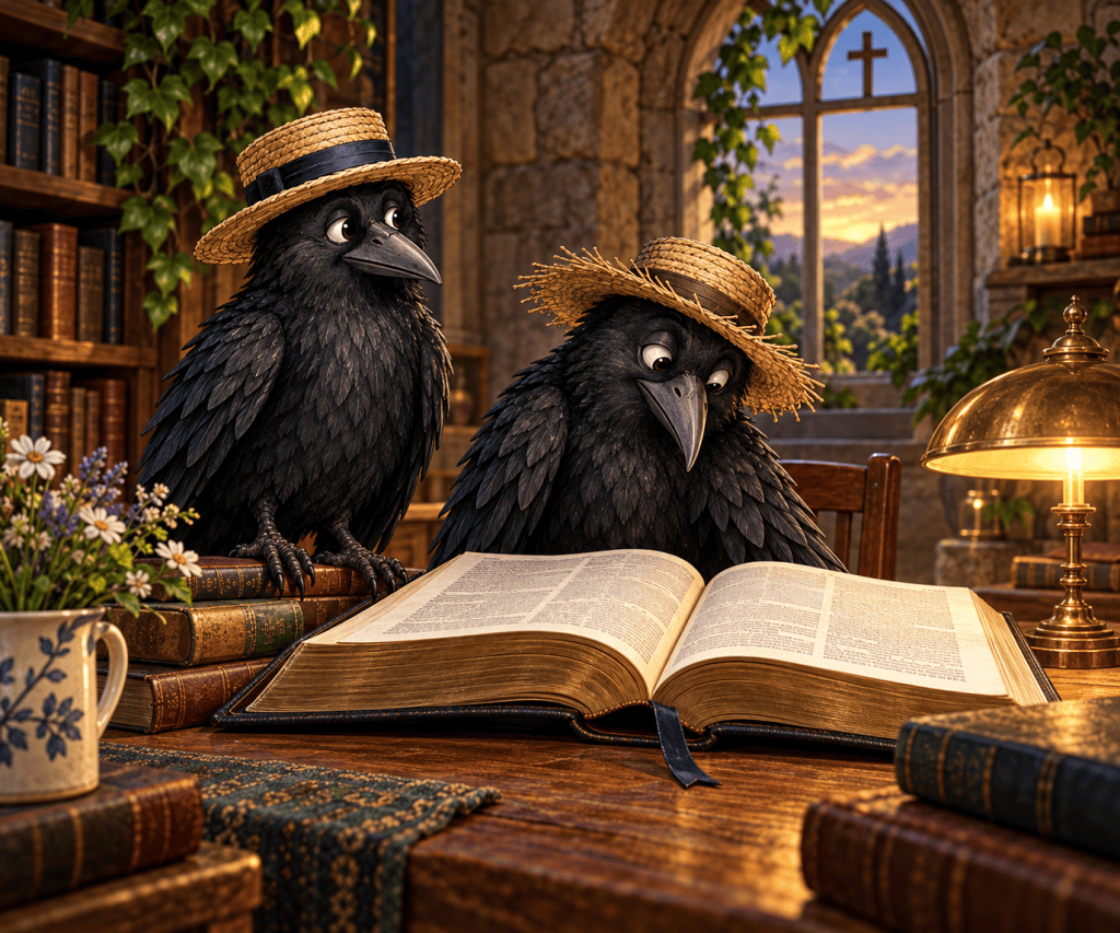 Two crows in straw hats reading an open Bible