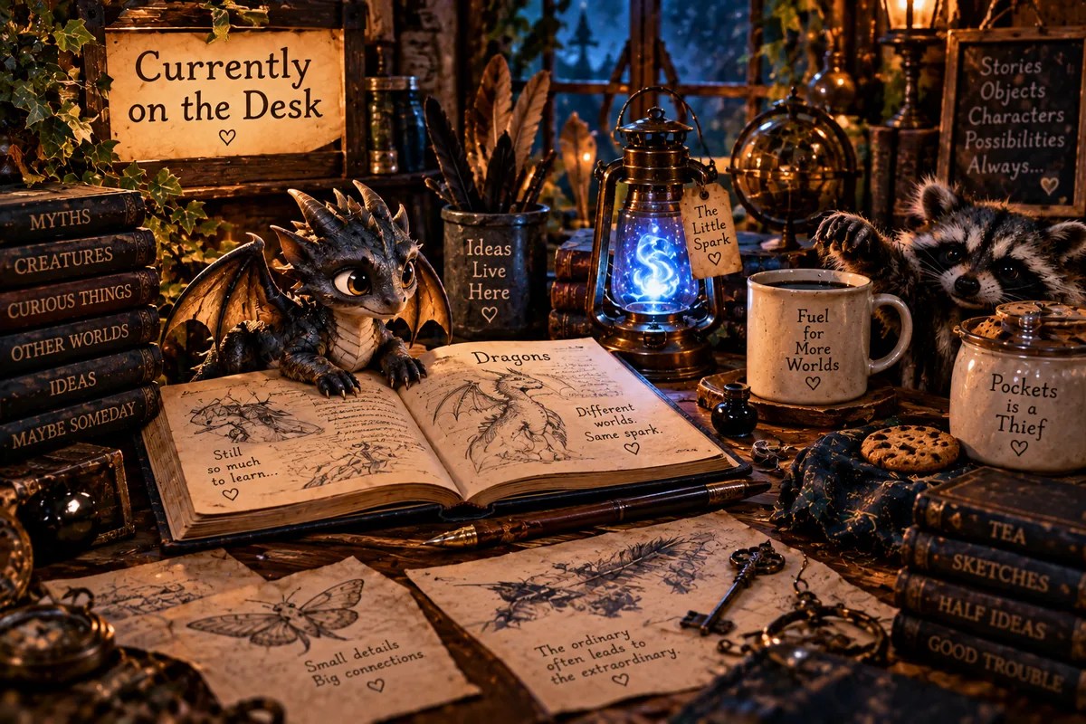Currently on Ember’s desk in The Little Spark workshop, surrounded by stories, sketches, a glowing blue spark and Pockets causing trouble