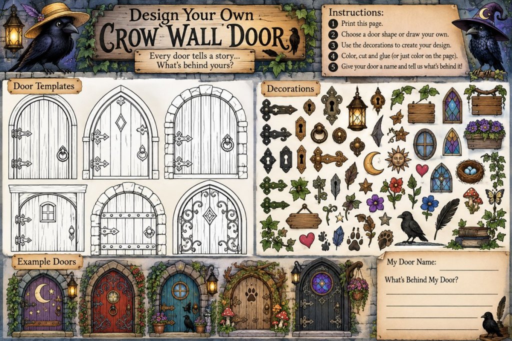 Design Your Own Crow Wall Door printable activity with door templates, decorations, examples and writing space.