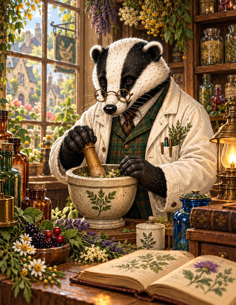 Dr. Hawthorne Elderberry, the apothecary badger of Bramblewick