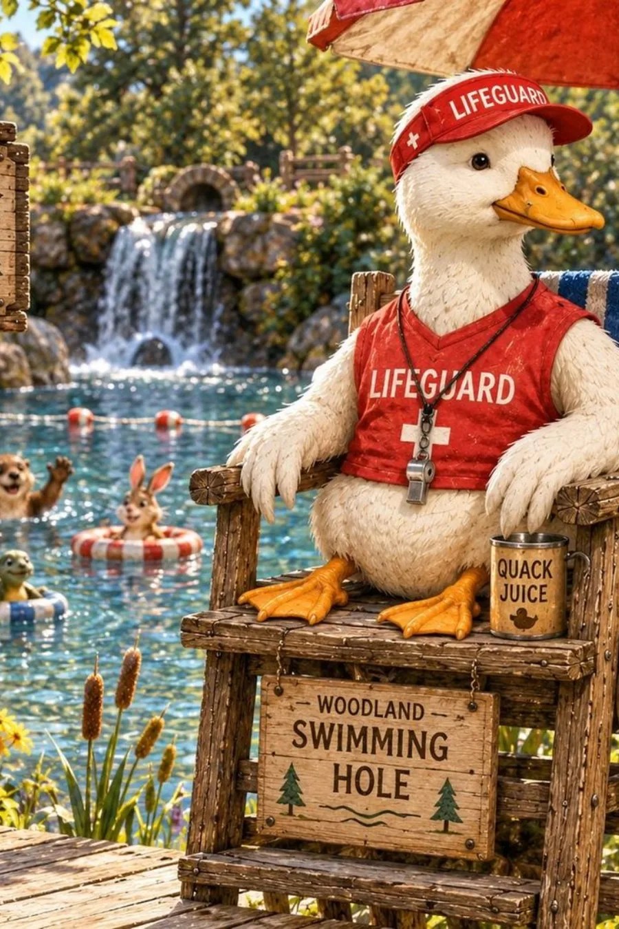 Drake Anatidae, Bramblewick’s duck lifeguard at the Woodland Swimming Hole