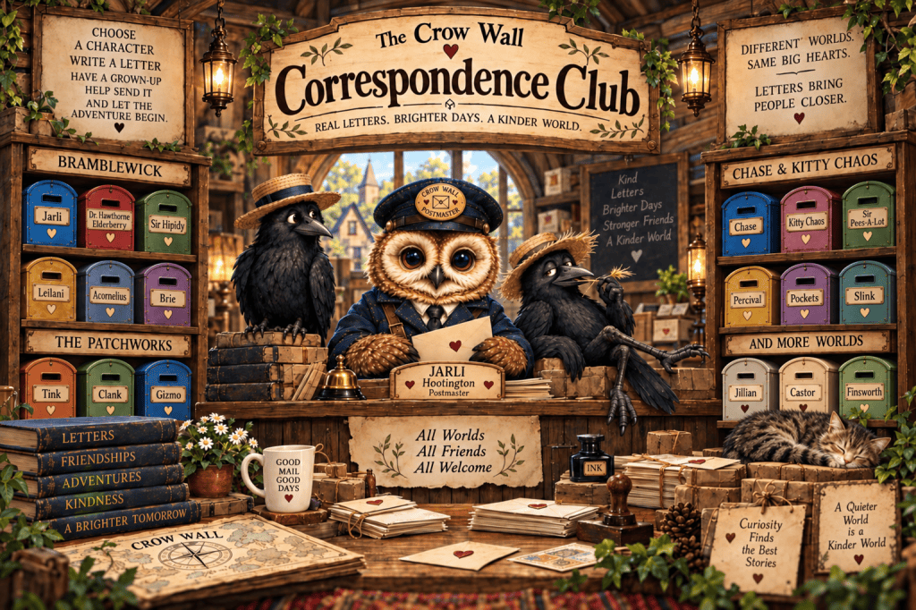 The Crow Wall Correspondence Club with character mailboxes from Crow Wall worlds