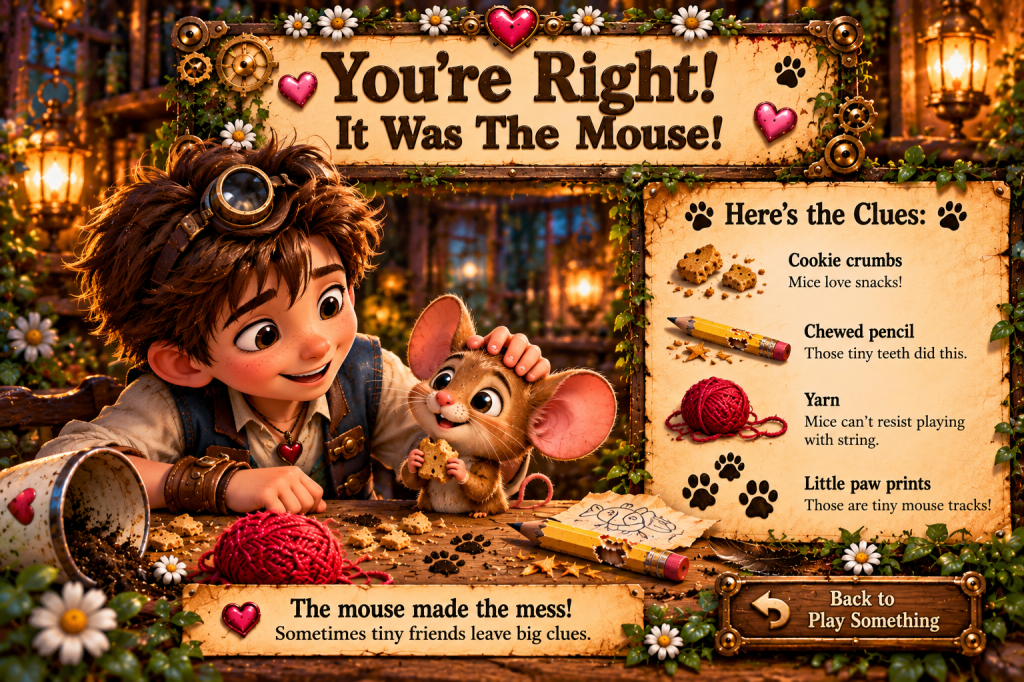 You’re Right! It Was the Mouse! Illustrated answer showing the mouse and the clues: cookie crumbs, chewed pencil, yarn, and little paw prints.