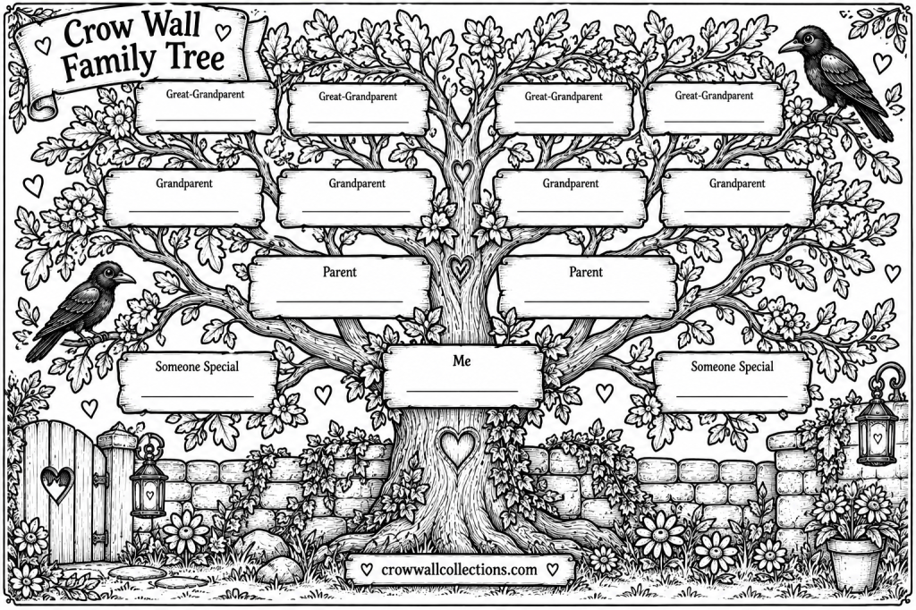 Crow Wall Family Tree printable with spaces for parents, grandparents, great-grandparents, the child, and someone special.