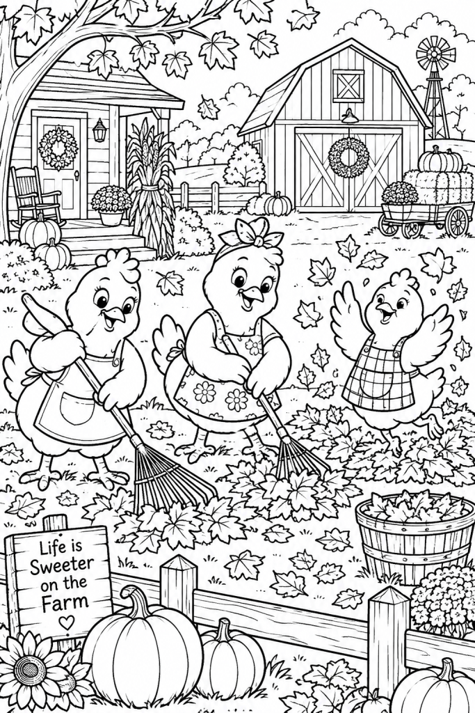 Foxworthy Farm chickens in aprons raking autumn leaves coloring page
