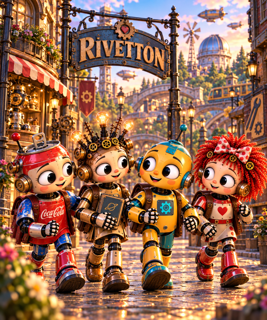 The Rivetton crew in their retro robot town