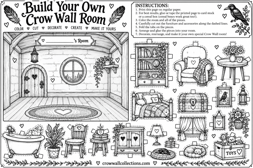 Build Your Own Crow Wall Room printable with a room backdrop and cut-out furniture, decorations and accessories.