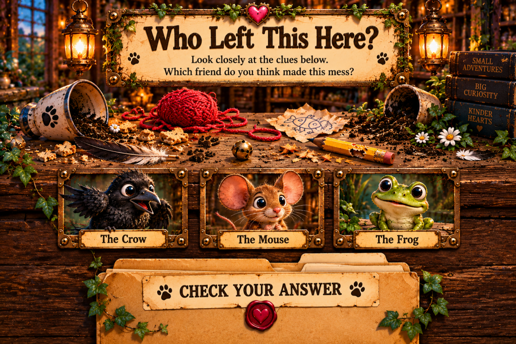 Who Left This Here? Kids’ Corner mystery game. Tap Check Your Answer to reveal the culprit.
