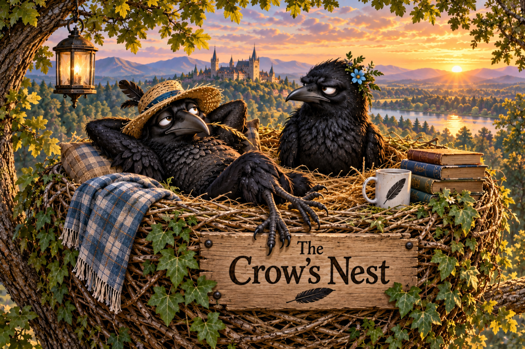 The Crow’s Nest with two crows overlooking the mountains