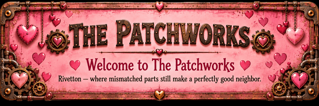 The Patchworks welcome banner in pink with hearts, gears, and Rivetton mechanical details