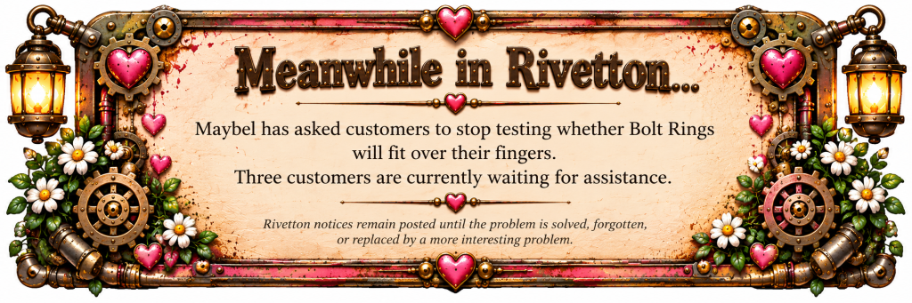 Meanwhile in Rivetton notice with gears, hearts, lanterns, flowers, and a humorous Bolt Rings update