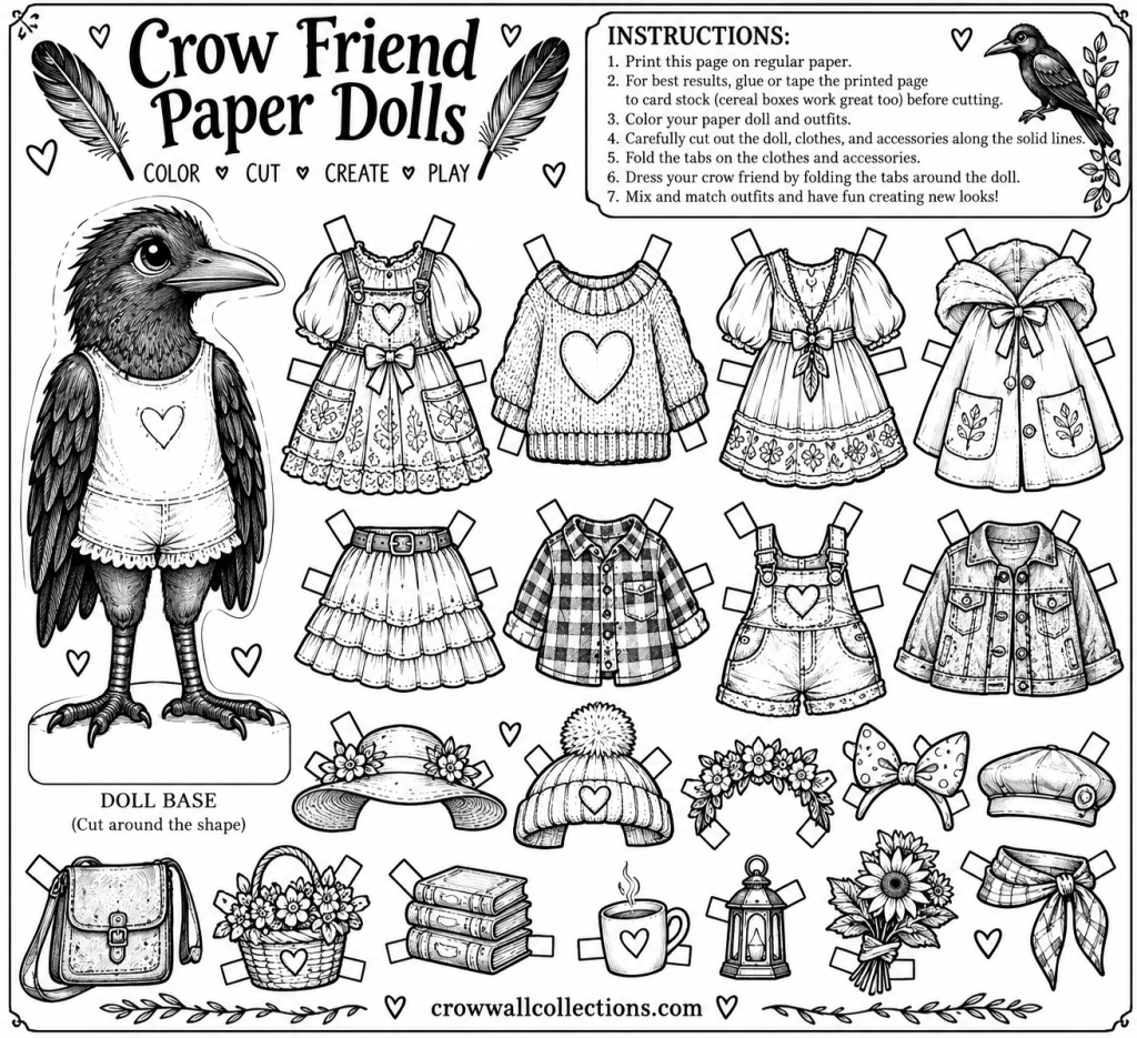 Printable Crow Friend paper doll with tabbed clothes, hats and accessories.